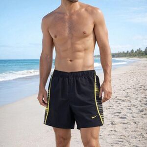 Nike Men's Black and Yellow Swim Shorts Medium Trunks Bathing Suit Y2K Neon